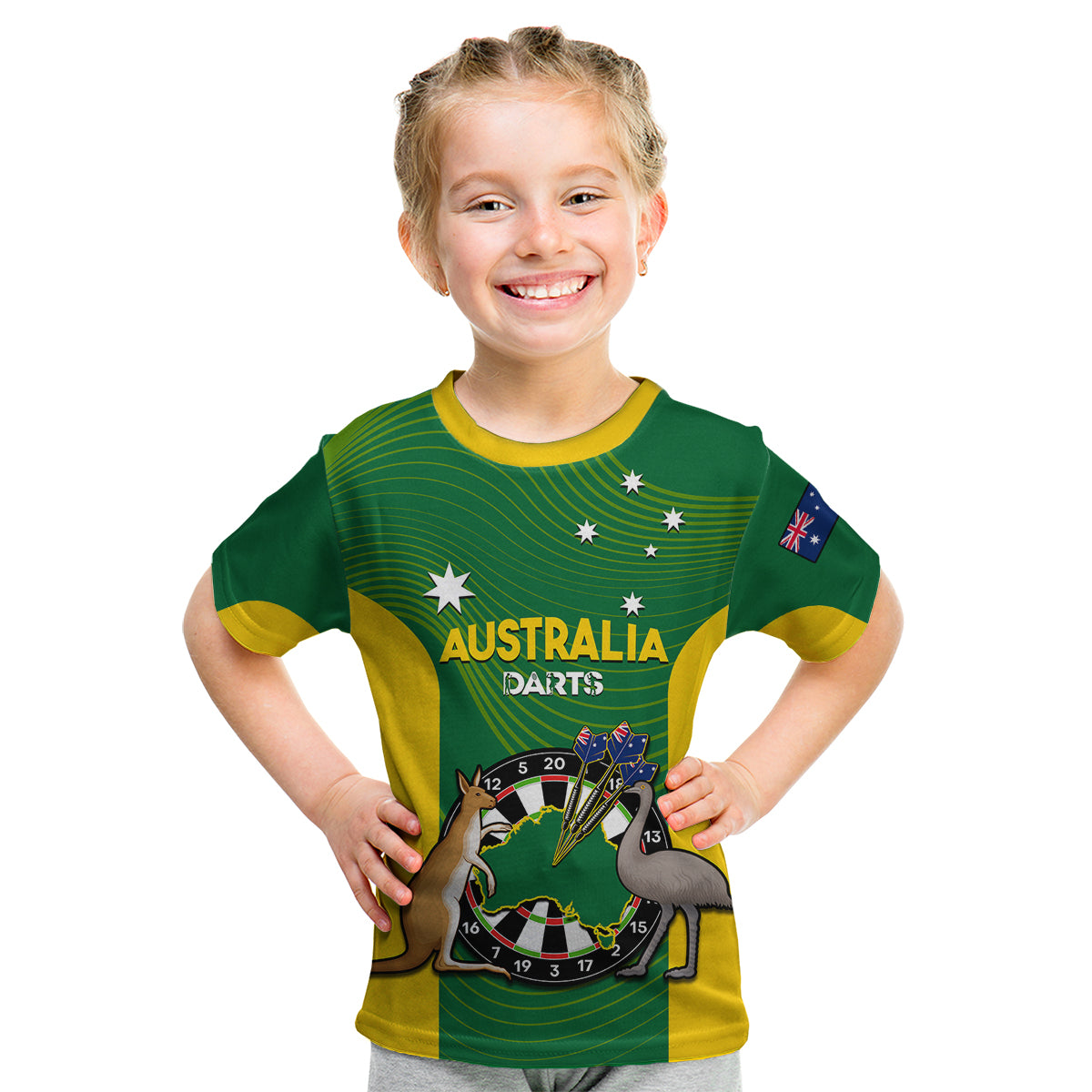 (Custom Personalised) Australia Darts National Color Mix Kangaroo And Emu Kid T Shirt - Vibe Hoodie Shop