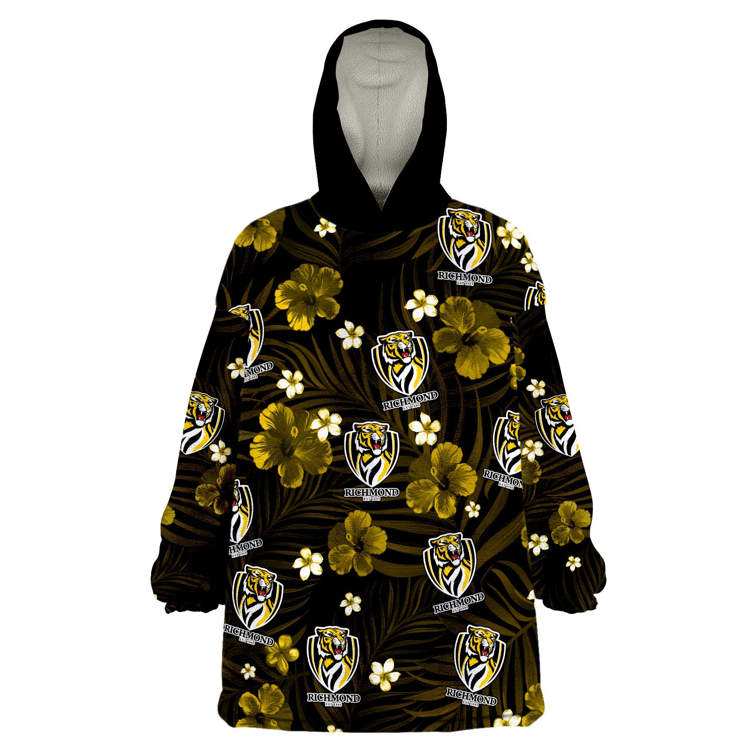 (Custom Personalised) Tigers Football Richmond Premiers Tropical Flowers Simple Wearable Blanket Hoodie - Vibe Hoodie Shop