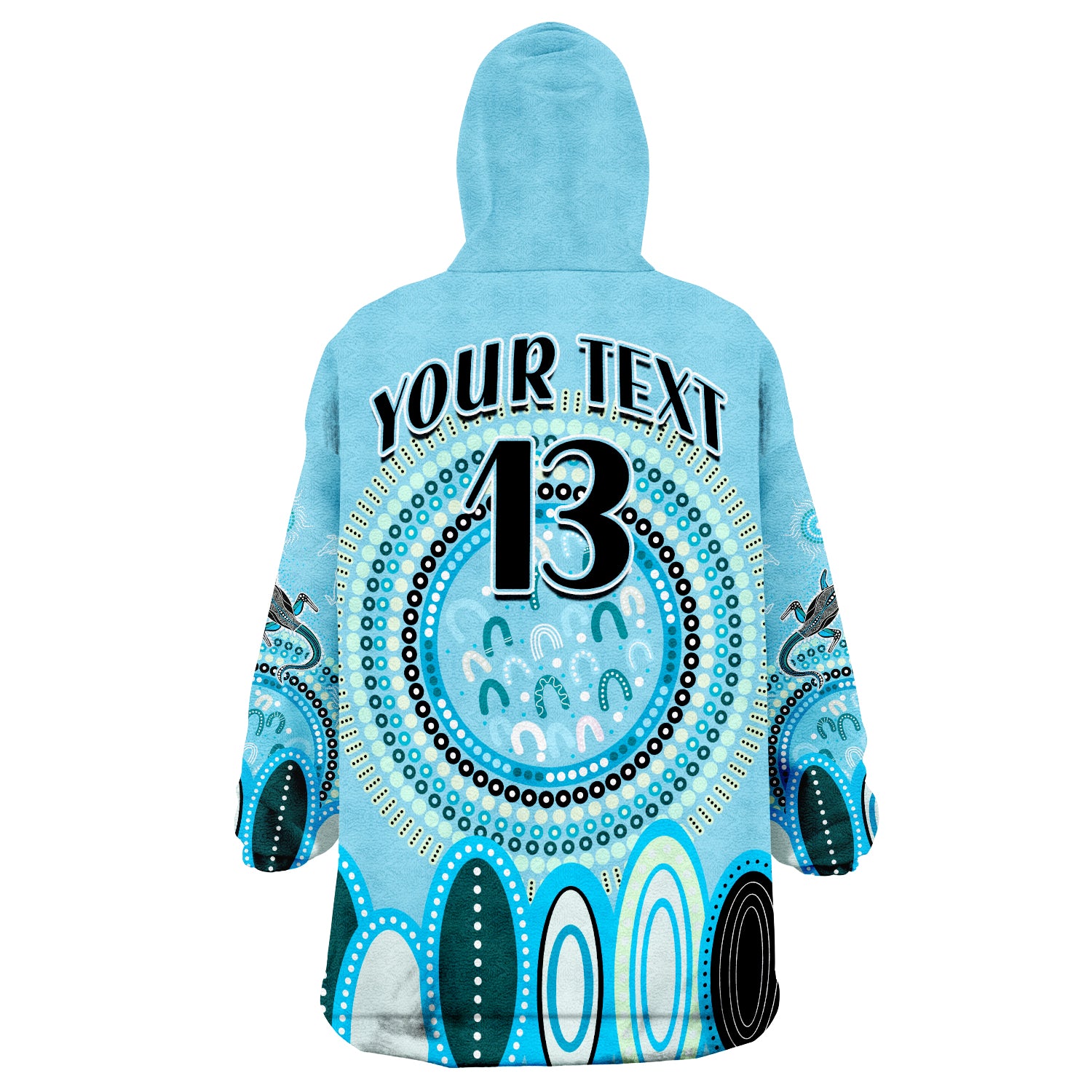 (Custom Text and Number) Aboriginal Stand Up Circle Dot with Lizard Version Blue Wearable Blanket Hoodie - Vibe Hoodie Shop