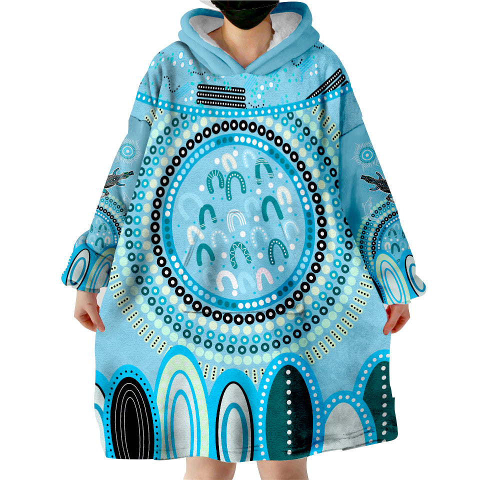 (Custom Text and Number) Aboriginal Stand Up Circle Dot with Lizard Version Blue Wearable Blanket Hoodie - Vibe Hoodie Shop