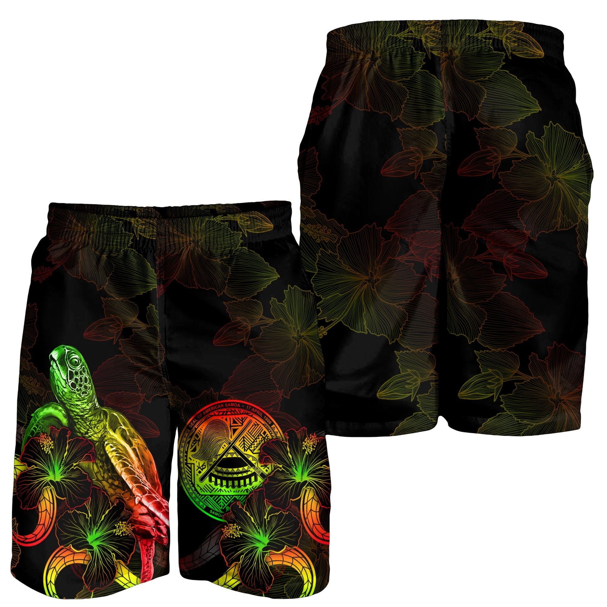 American Samoa Polynesian Men's Shorts - Turtle With Blooming Hibiscus Reggae - Vibe Hoodie Shop