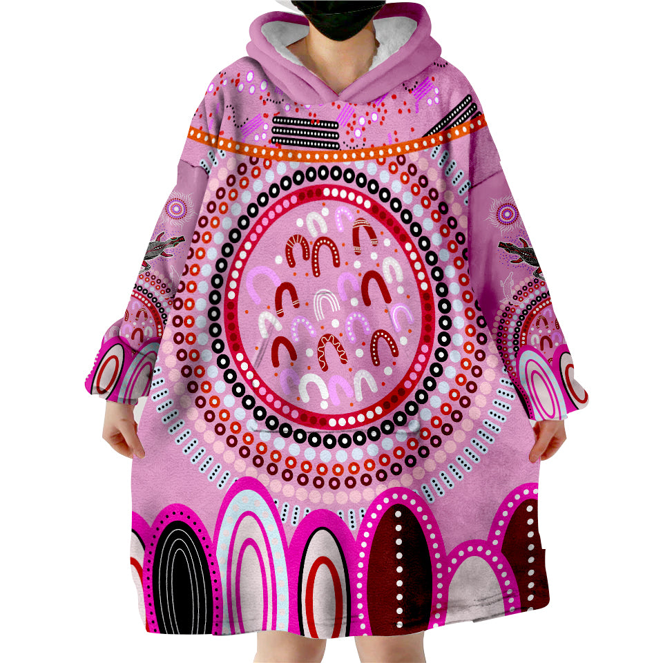 (Custom Text and Number) Aboriginal Stand Up Circle Dot with Lizard Version Pink Wearable Blanket Hoodie - Vibe Hoodie Shop