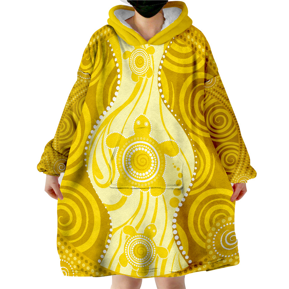 Aboriginal Dot Art Painting With Turtle - Yellow Wearable Blanket Hoodie - Vibe Hoodie Shop