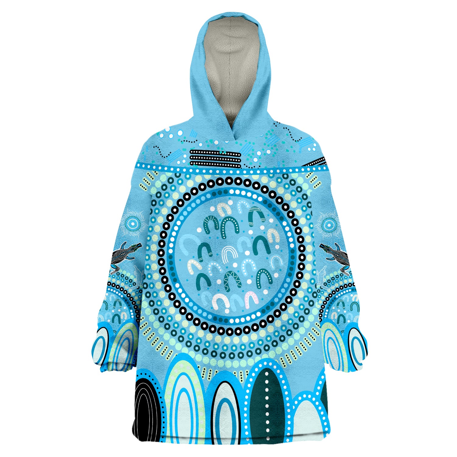 (Custom Text and Number) Aboriginal Stand Up Circle Dot with Lizard Version Blue Wearable Blanket Hoodie - Vibe Hoodie Shop