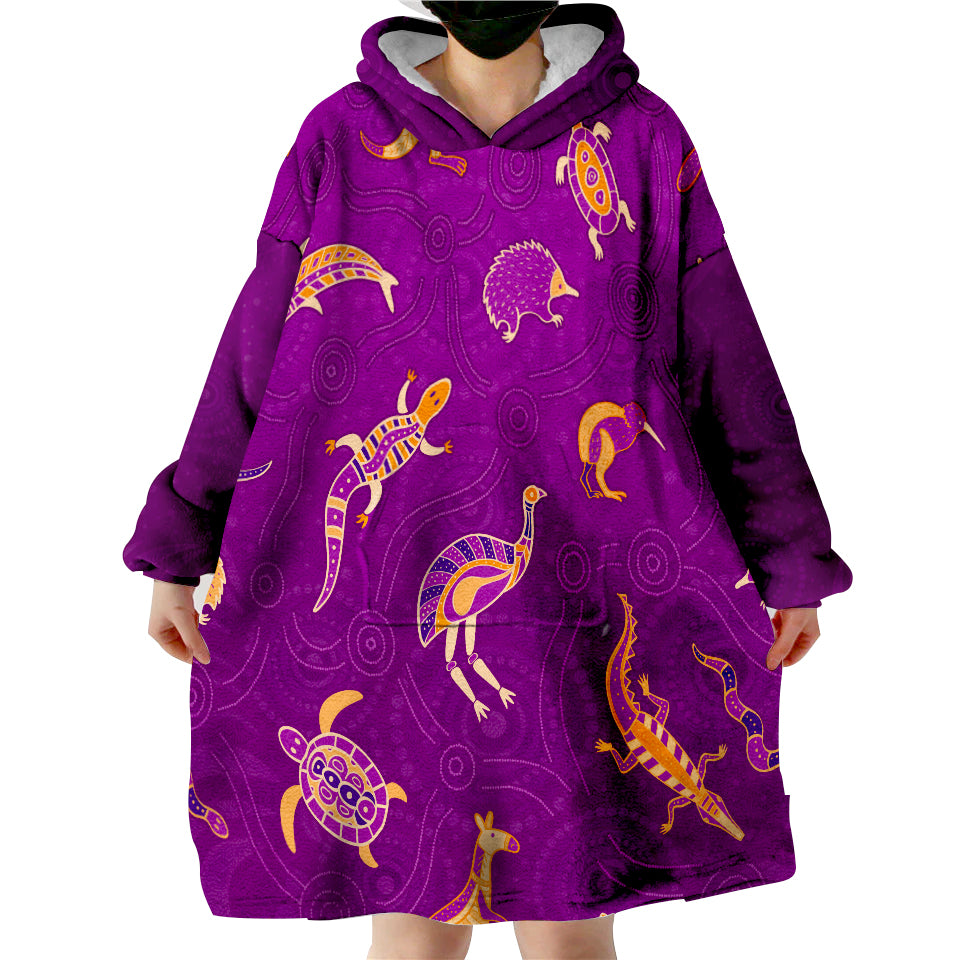 (Custom Personalised) Aboriginal Art Animals Australia Version Purple Wearable Blanket Hoodie - Vibe Hoodie Shop