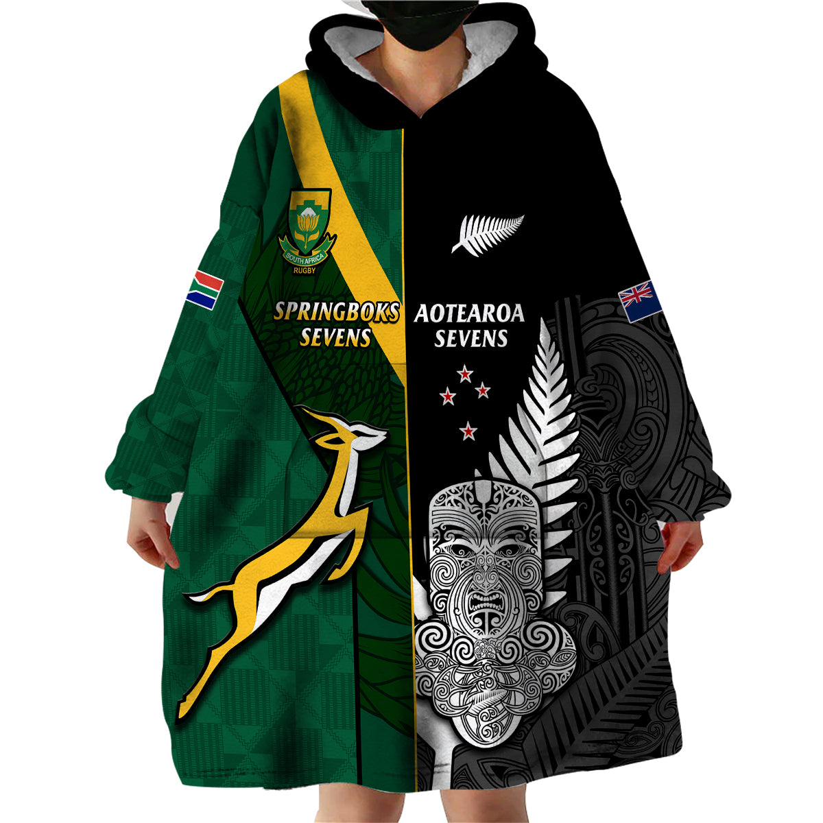 (Custom Personalised) South Africa and Aotearoa Rugby 7s Springboks Mix Tiki Fern Wearable Blanket Hoodie - Vibe Hoodie Shop