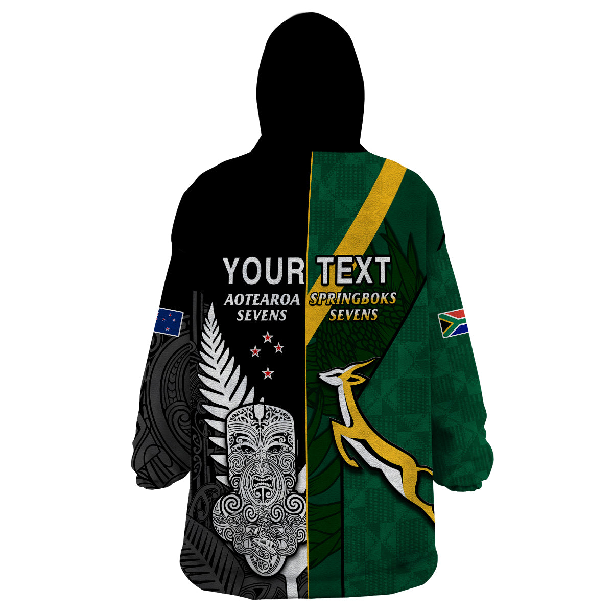 (Custom Personalised) South Africa and Aotearoa Rugby 7s Springboks Mix Tiki Fern Wearable Blanket Hoodie - Vibe Hoodie Shop