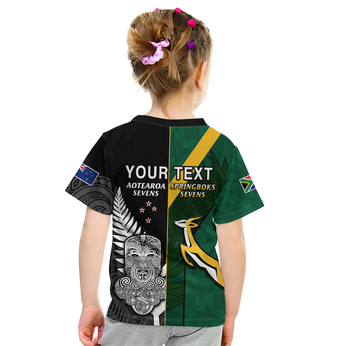 (Custom Personalised) South Africa and Aotearoa Rugby 7s Springboks Mix Tiki Fern Kid T Shirt - Vibe Hoodie Shop