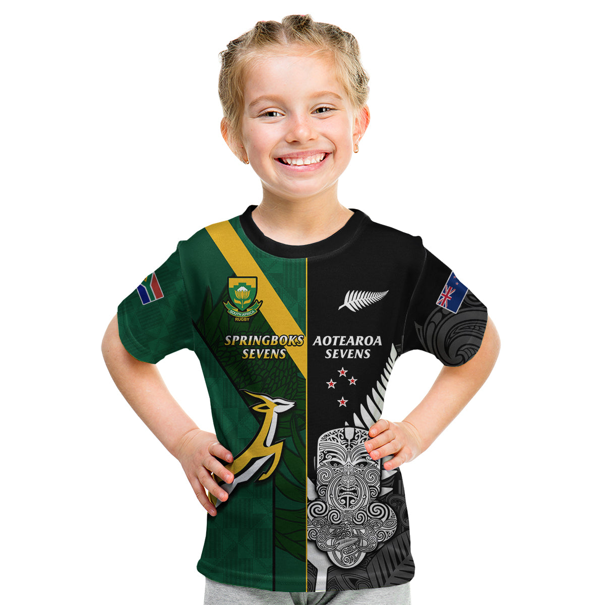 (Custom Personalised) South Africa and Aotearoa Rugby 7s Springboks Mix Tiki Fern Kid T Shirt - Vibe Hoodie Shop