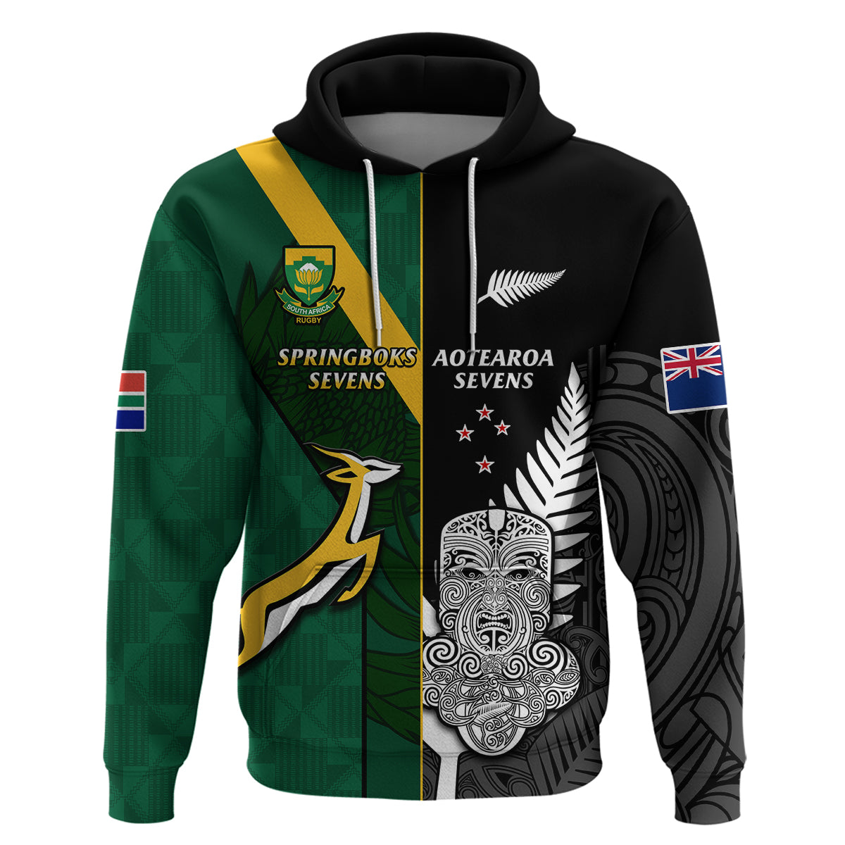(Custom Personalised) South Africa and Aotearoa Rugby 7s Springboks Mix Tiki Fern Hoodie - Vibe Hoodie Shop