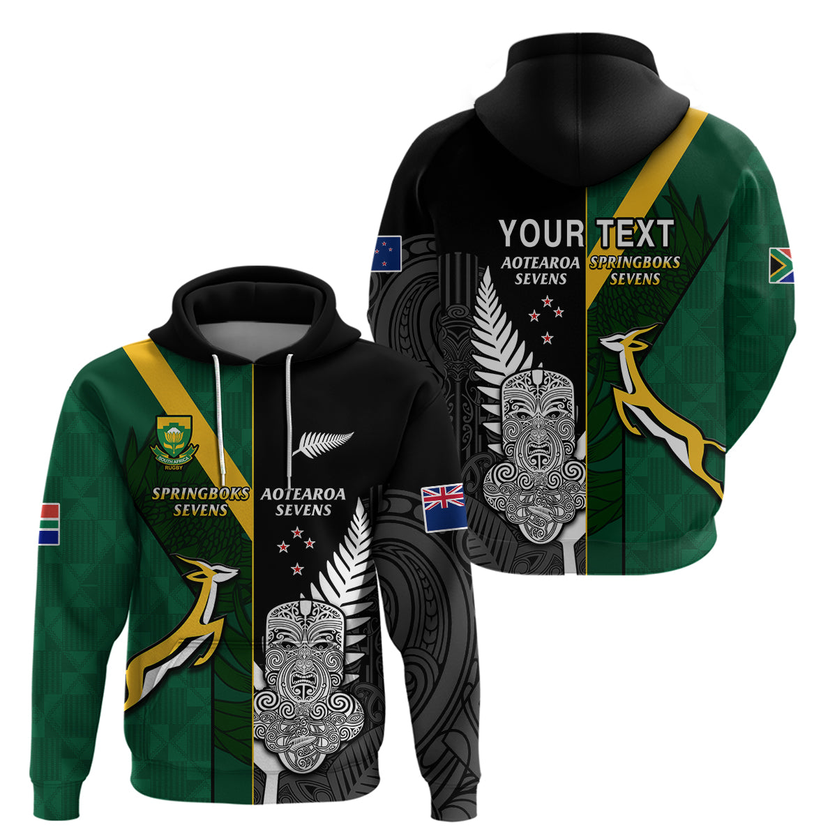 (Custom Personalised) South Africa and Aotearoa Rugby 7s Springboks Mix Tiki Fern Hoodie - Vibe Hoodie Shop