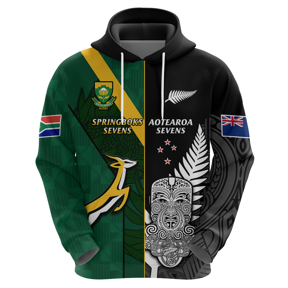 (Custom Personalised) South Africa and Aotearoa Rugby 7s Springboks Mix Tiki Fern Hoodie - Vibe Hoodie Shop