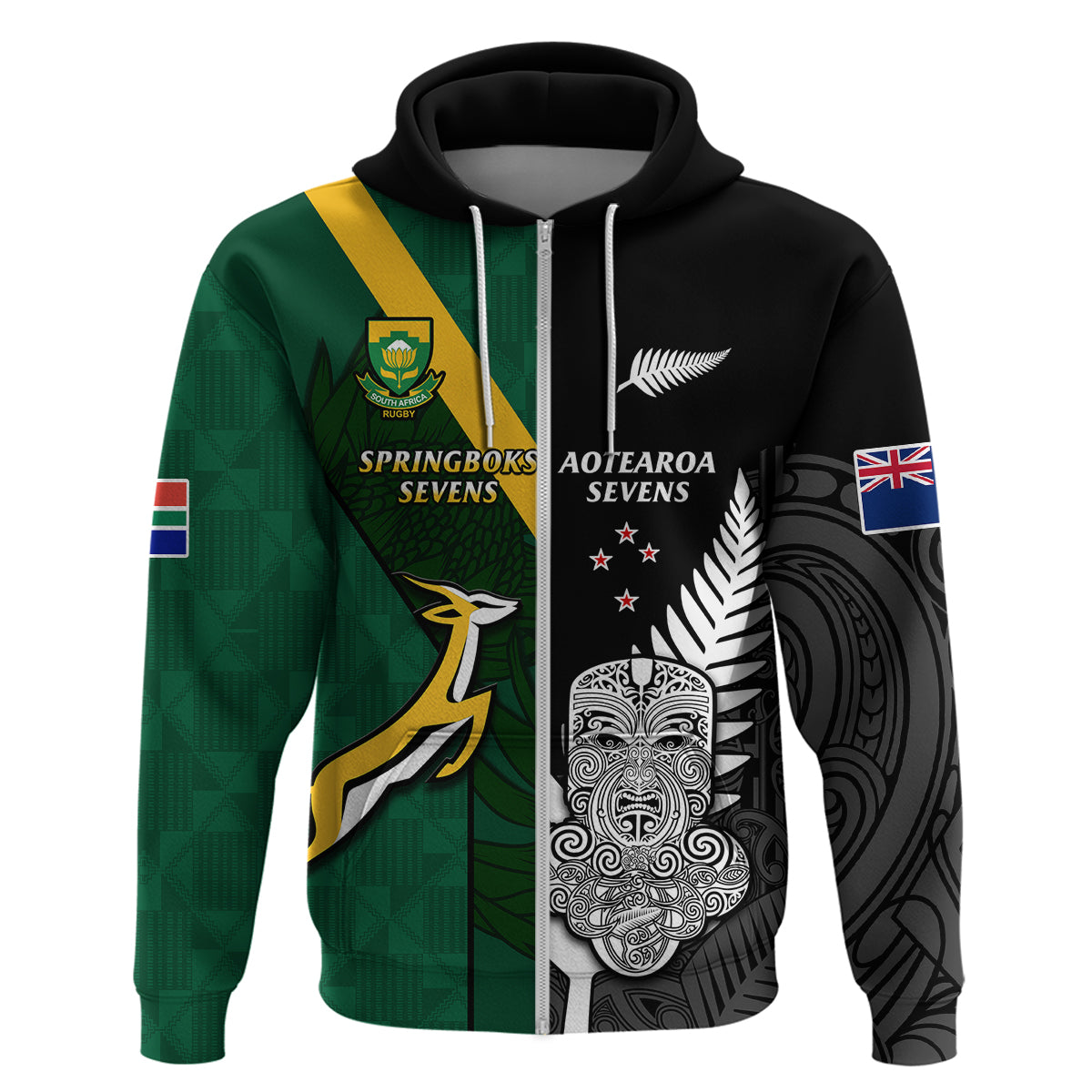 (Custom Personalised) South Africa and Aotearoa Rugby 7s Springboks Mix Tiki Fern Hoodie - Vibe Hoodie Shop