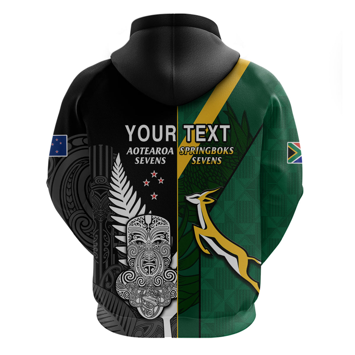 (Custom Personalised) South Africa and Aotearoa Rugby 7s Springboks Mix Tiki Fern Hoodie - Vibe Hoodie Shop