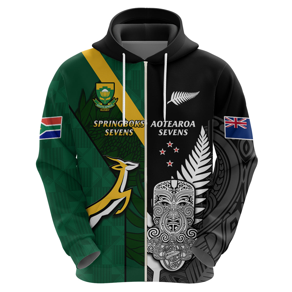 (Custom Personalised) South Africa and Aotearoa Rugby 7s Springboks Mix Tiki Fern Hoodie - Vibe Hoodie Shop
