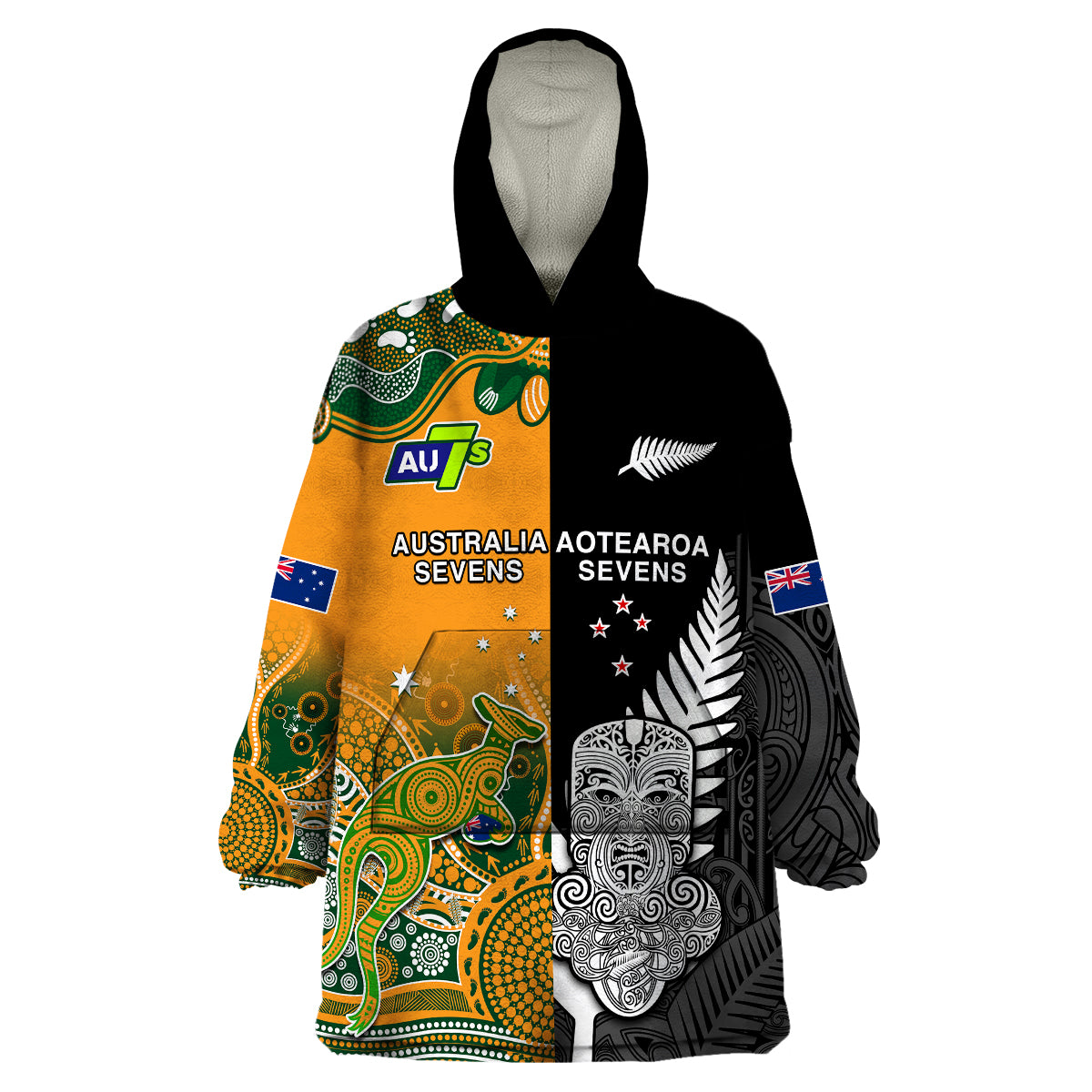 (Custom Personalised) Aussie and Aotearoa Rugby 7s Kangaroos Mix Tiki Fern Wearable Blanket Hoodie - Vibe Hoodie Shop