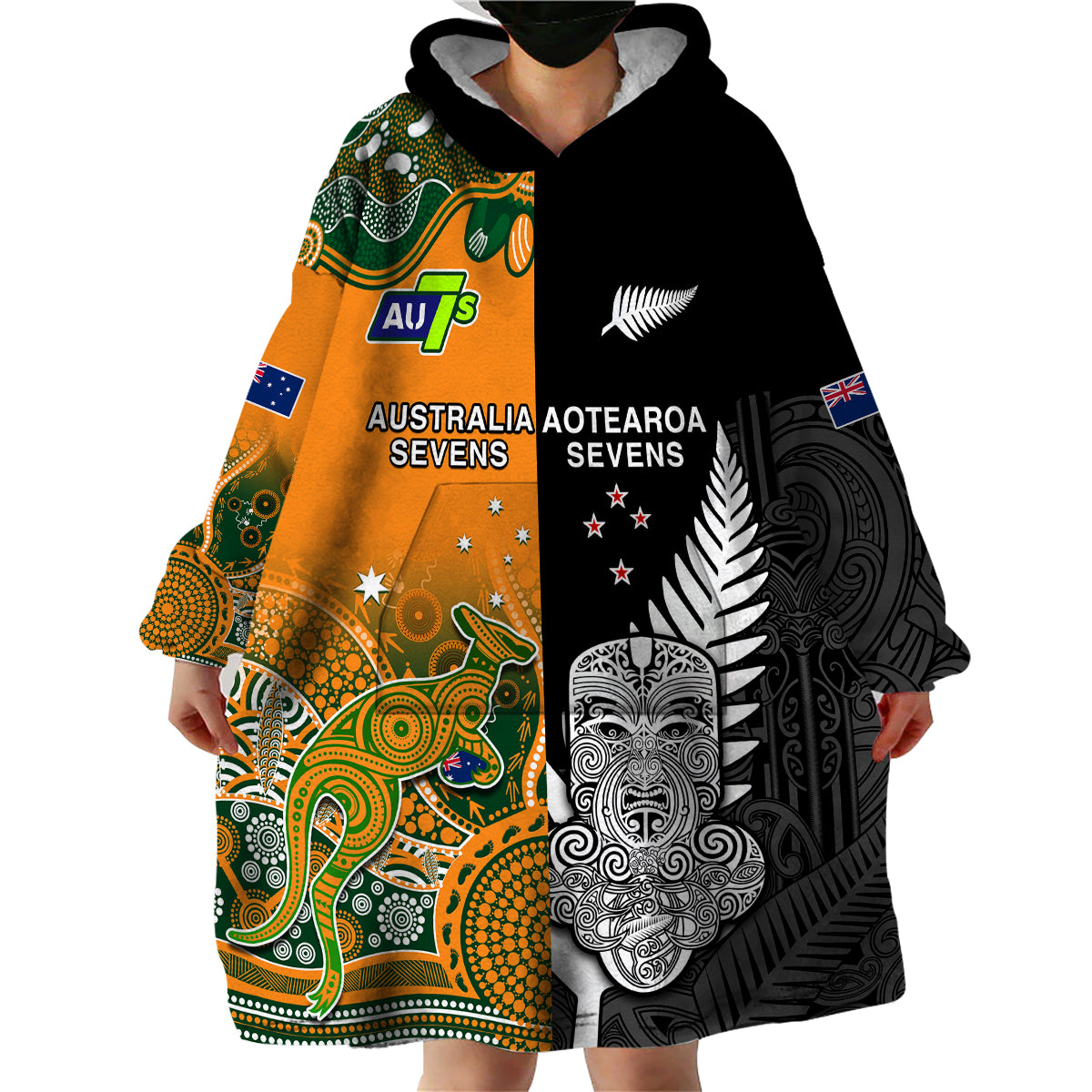 (Custom Personalised) Aussie and Aotearoa Rugby 7s Kangaroos Mix Tiki Fern Wearable Blanket Hoodie - Vibe Hoodie Shop