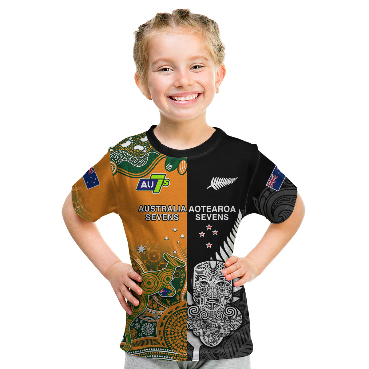 (Custom Personalised) Aussie and Aotearoa Rugby 7s Kangaroos Mix Tiki Fern Kid T Shirt - Vibe Hoodie Shop