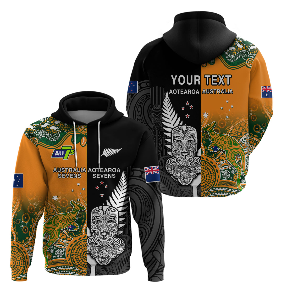(Custom Personalised) Aussie and Aotearoa Rugby 7s Kangaroos Mix Tiki Fern Hoodie - Vibe Hoodie Shop