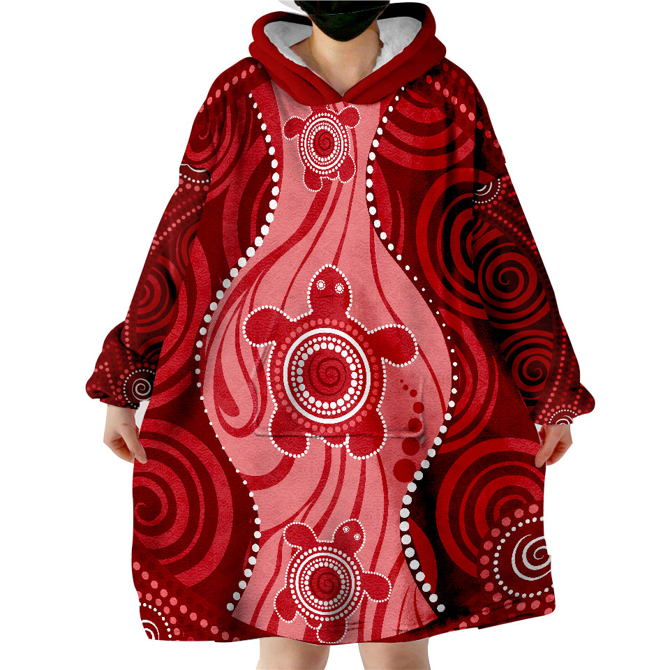 Aboriginal Dot Art Painting With Turtle - Red Wearable Blanket Hoodie - Vibe Hoodie Shop