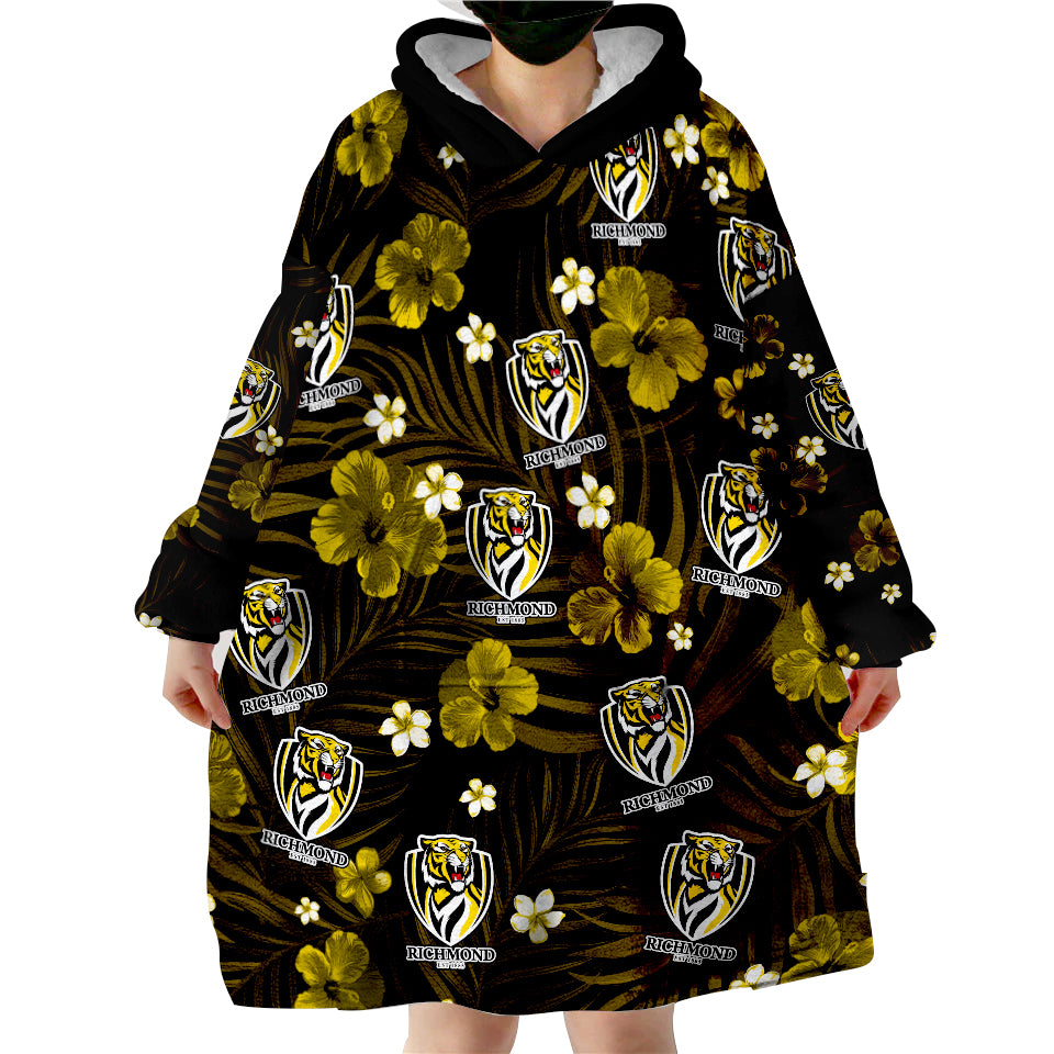(Custom Personalised) Tigers Football Richmond Premiers Tropical Flowers Simple Wearable Blanket Hoodie - Vibe Hoodie Shop