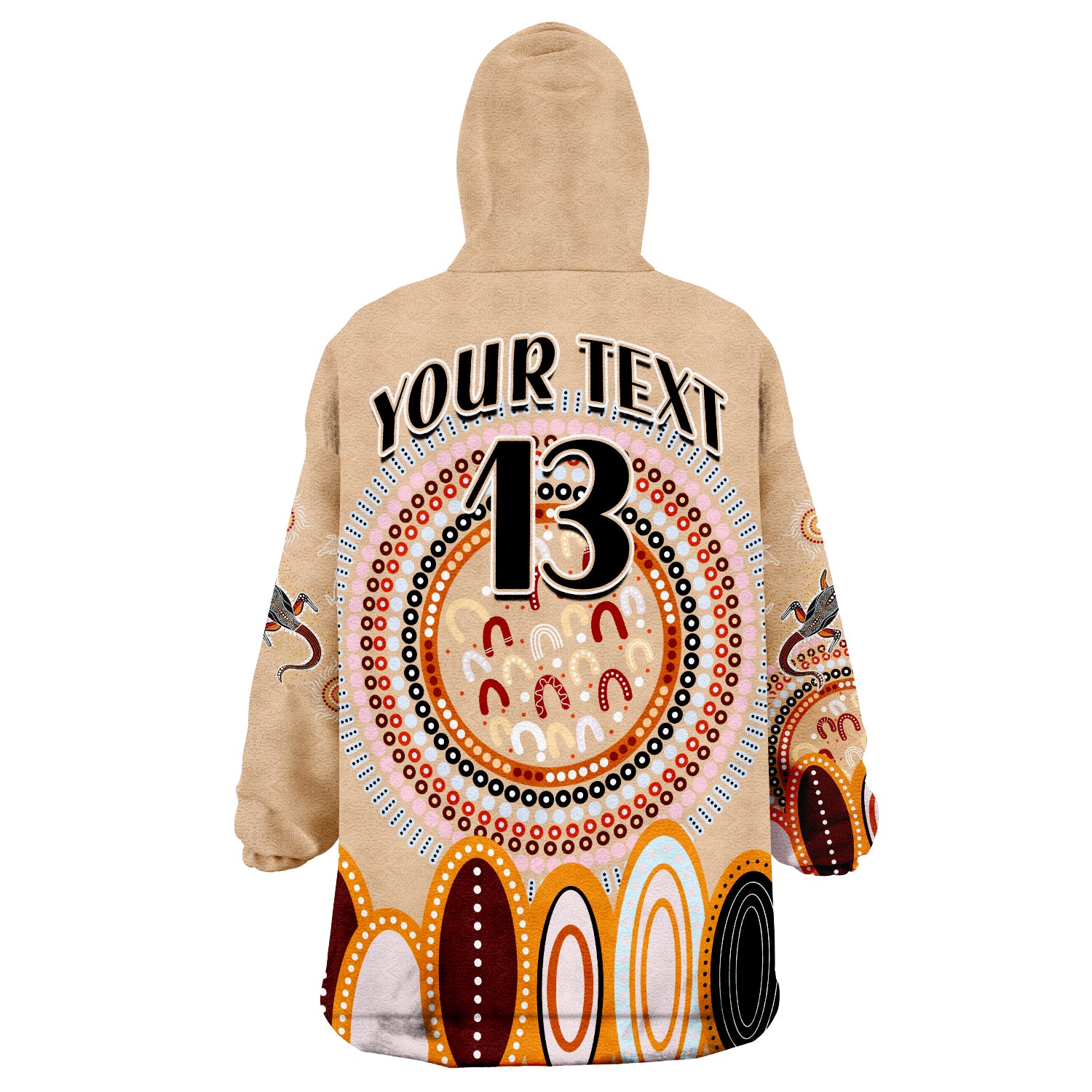 (Custom Text and Number) Aboriginal Stand Up Circle Dot with Lizard Version PeachPuff Wearable Blanket Hoodie - Vibe Hoodie Shop