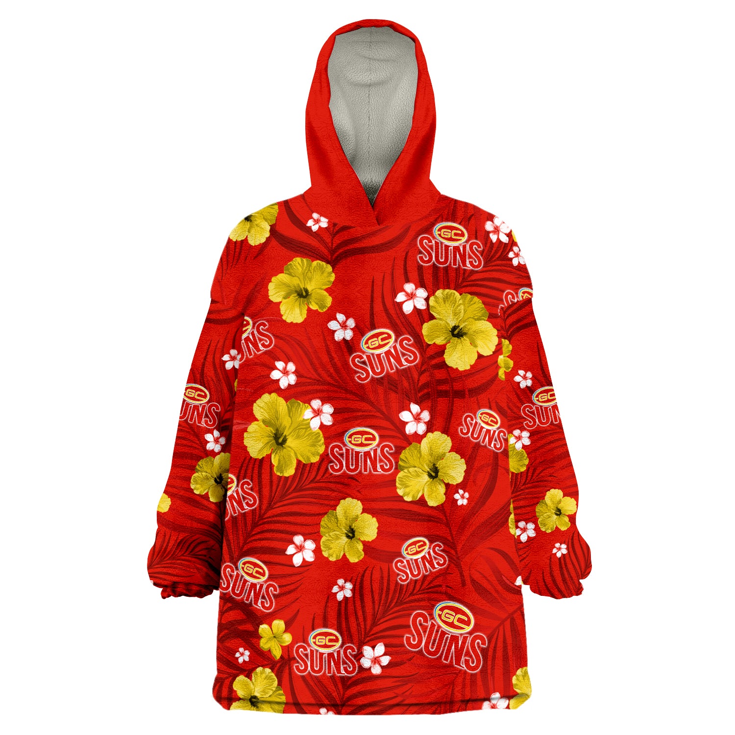 (Custom Personalised) Suns Football Gold Coast Premiers Tropical Flowers Simple Wearable Blanket Hoodie - Vibe Hoodie Shop