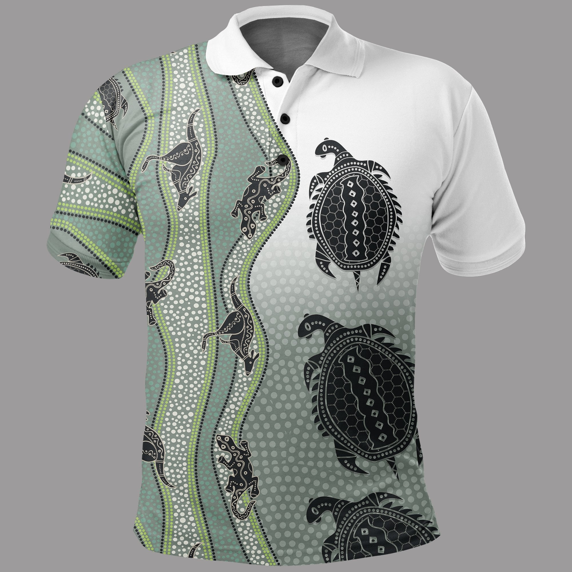 Polo Shirt - Aboriginal with Kangaroo, Lizard, Turtle and Dotted Crooked Stripes Pattern - Vibe Hoodie Shop