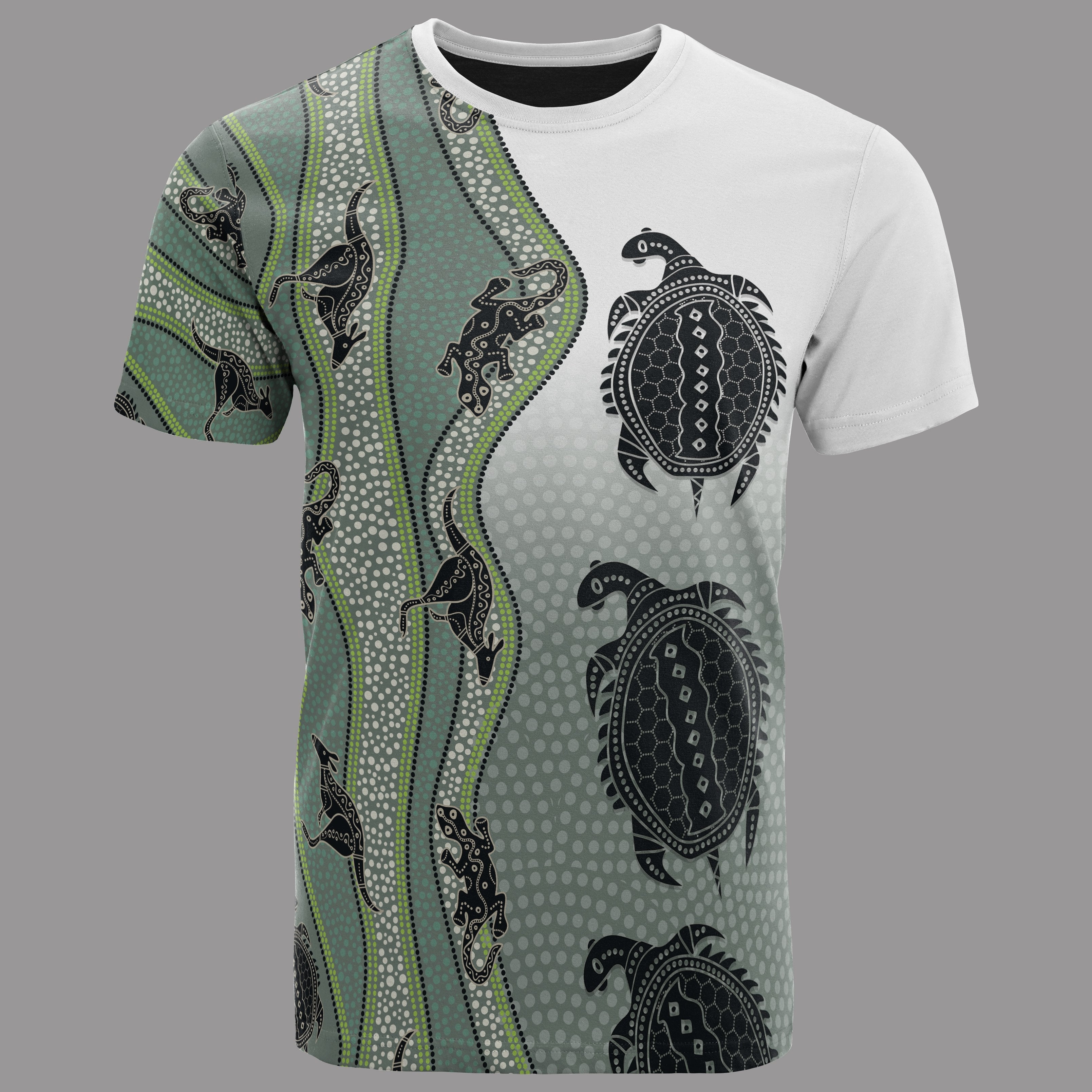 T shirt - Aboriginal with Kangaroo, Lizard, Turtle and Dotted Crooked Stripes Pattern - Vibe Hoodie Shop