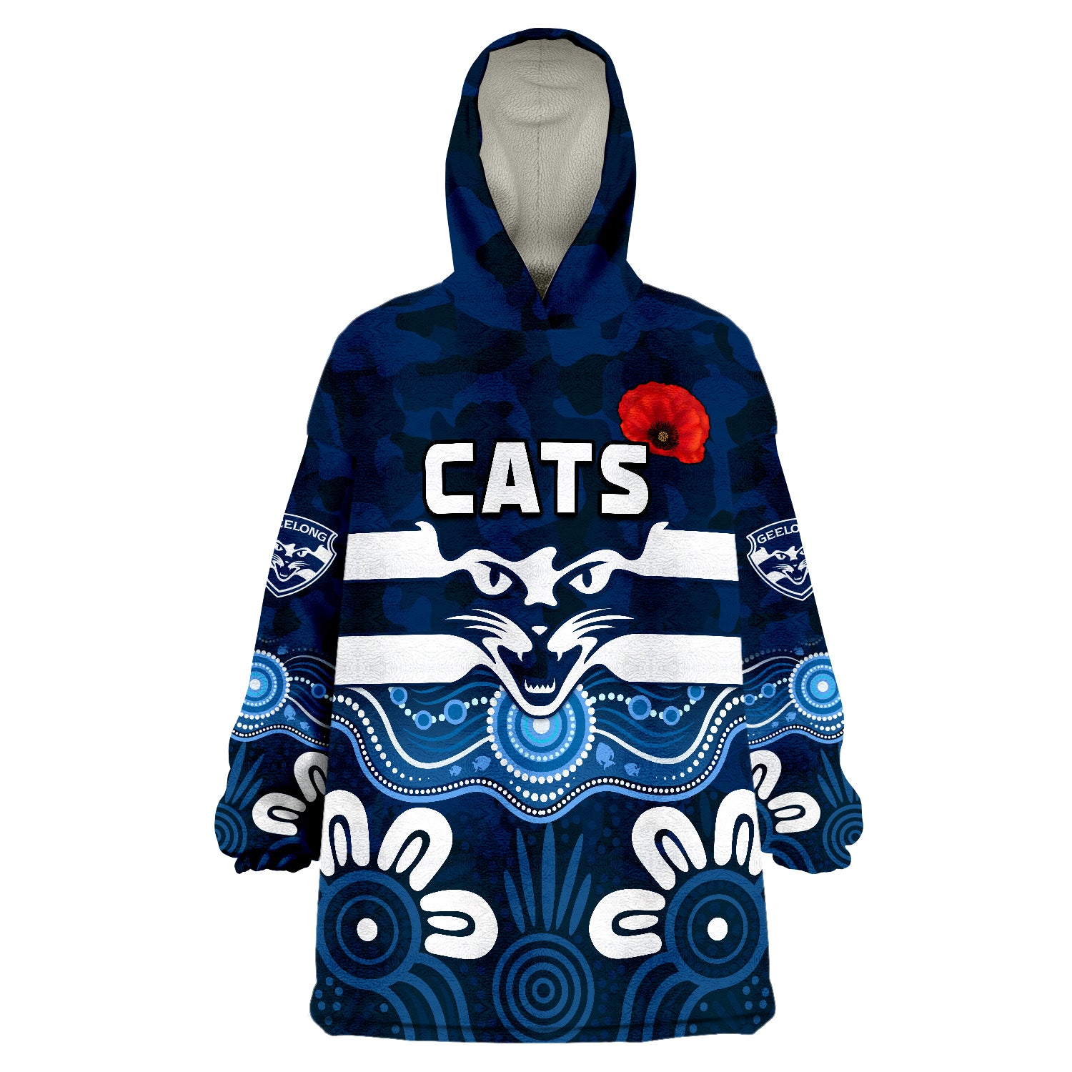 Cats ANZAC 2022 Geelong Football Aboriginal Poppy Wearable Blanket Hoodie - Vibe Hoodie Shop