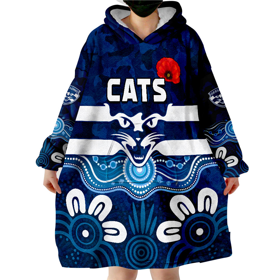 Cats ANZAC 2022 Geelong Football Aboriginal Poppy Wearable Blanket Hoodie - Vibe Hoodie Shop