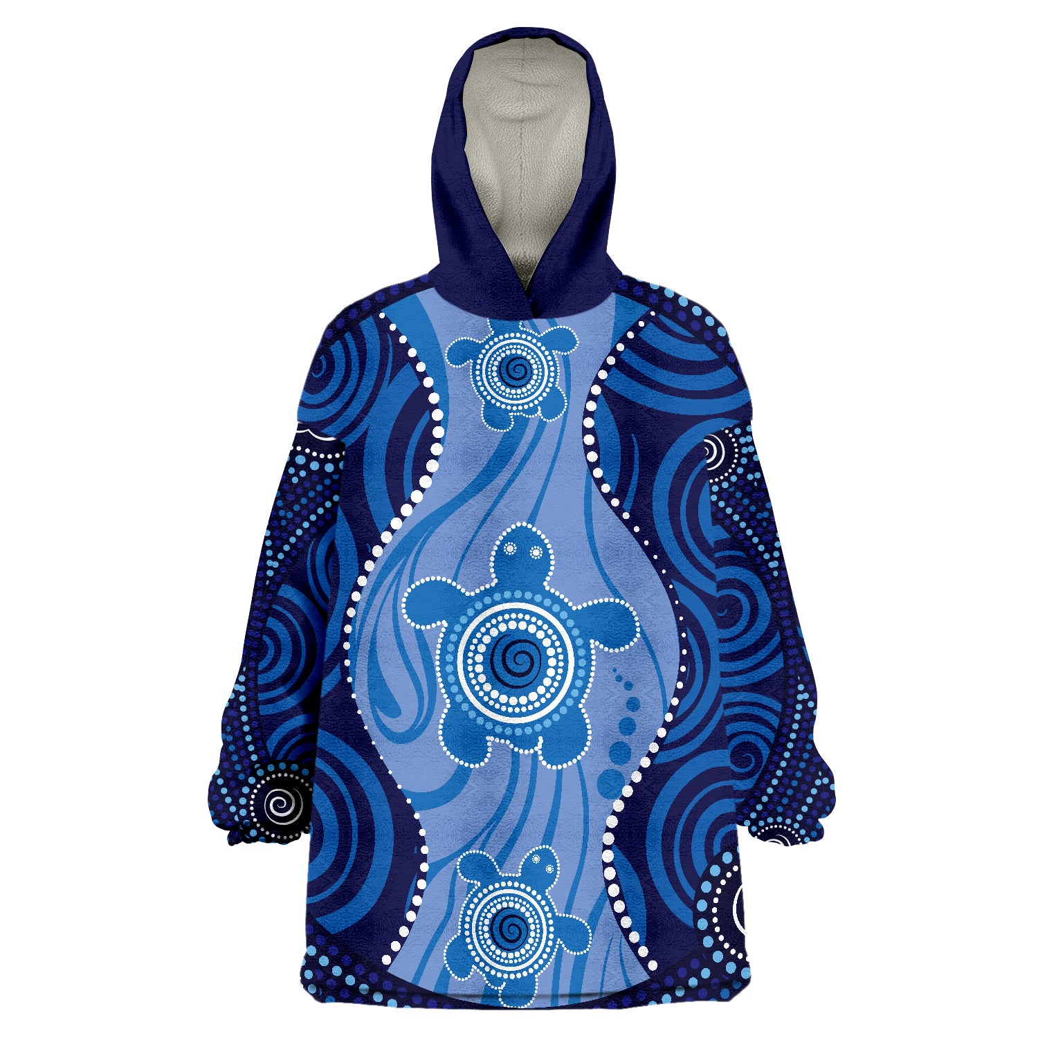 Aboriginal Dot Art Painting With Turtle - Blue Wearable Blanket Hoodie - Vibe Hoodie Shop