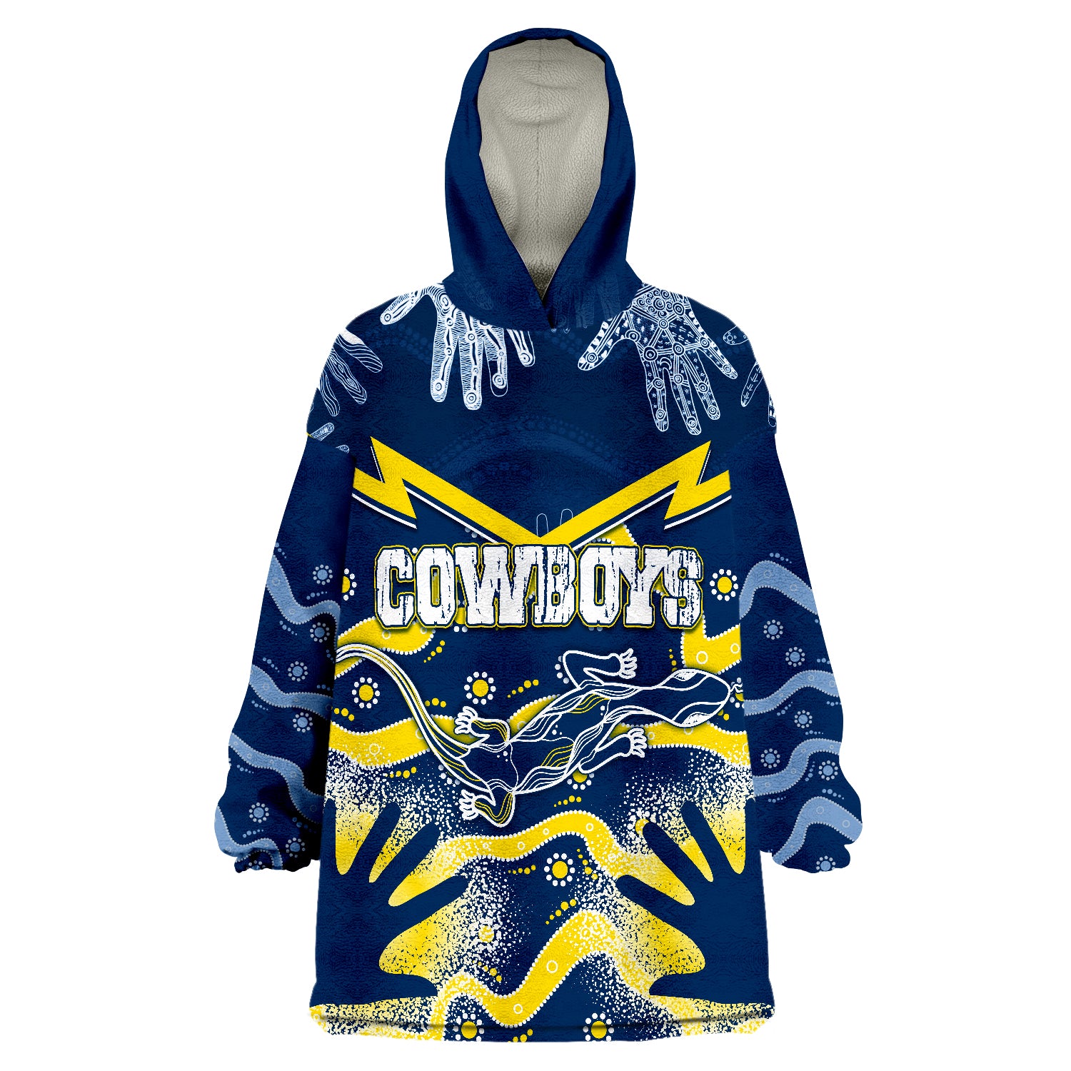 Personalised Cowboys Rugby Indigenous Lizard Mix Hand Stencils Wearable Blanket Hoodie - Vibe Hoodie Shop