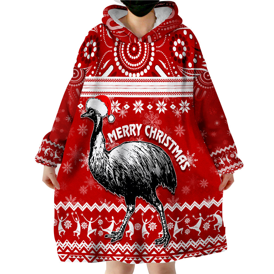 Australia Christmas Aboriginal Art - Santa Emu Bird Wearable Blanket Hoodie - Vibe Hoodie Shop