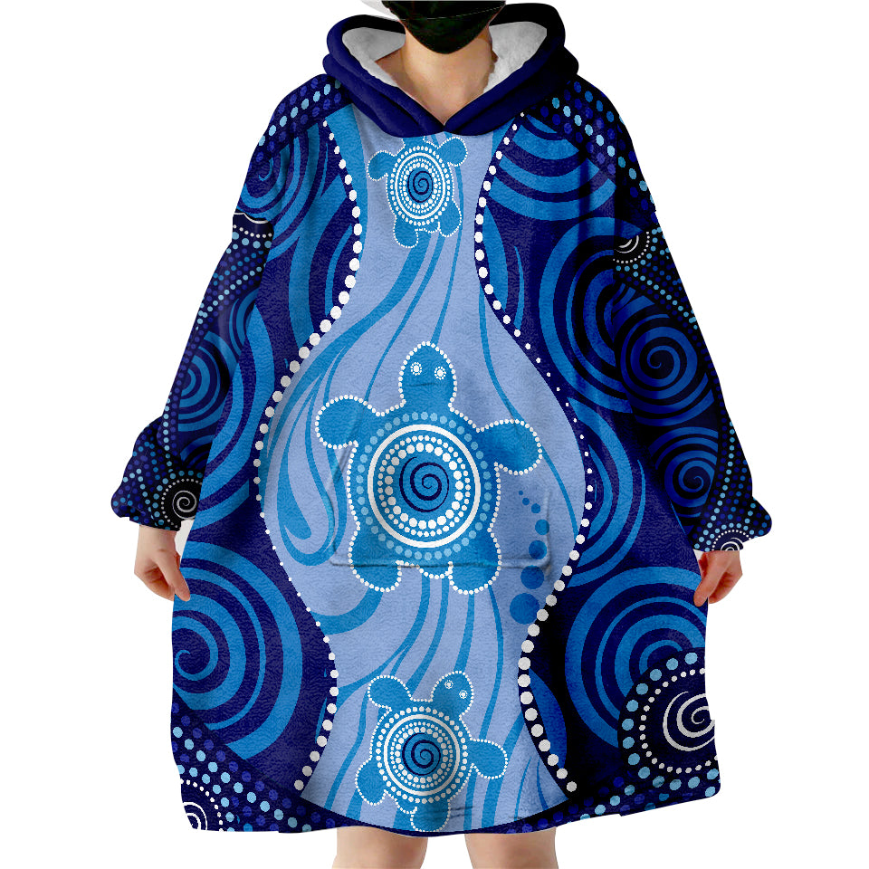 Aboriginal Dot Art Painting With Turtle - Blue Wearable Blanket Hoodie - Vibe Hoodie Shop