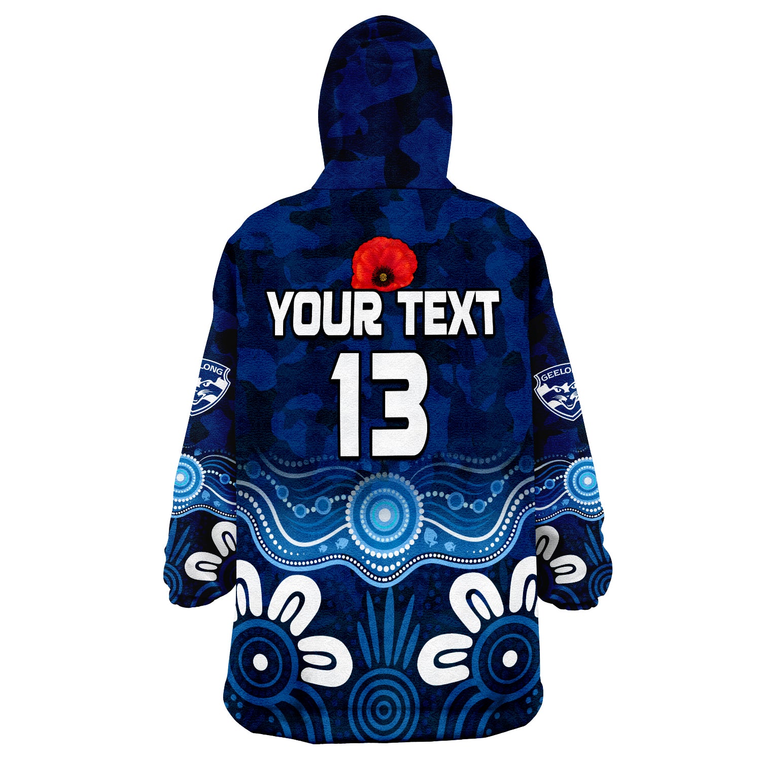 (Custom Text and Number) Cats ANZAC 2022 Geelong Football Aboriginal Poppy Wearable Blanket Hoodie - Vibe Hoodie Shop