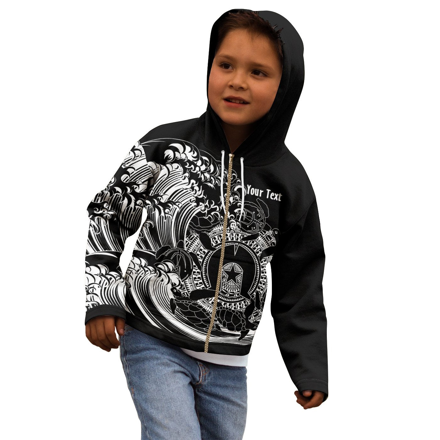 Custom Aboriginal Kid Zip - Up Hoodie, Torres Strait Islands in Wave (Black) - Vibe Hoodie Shop