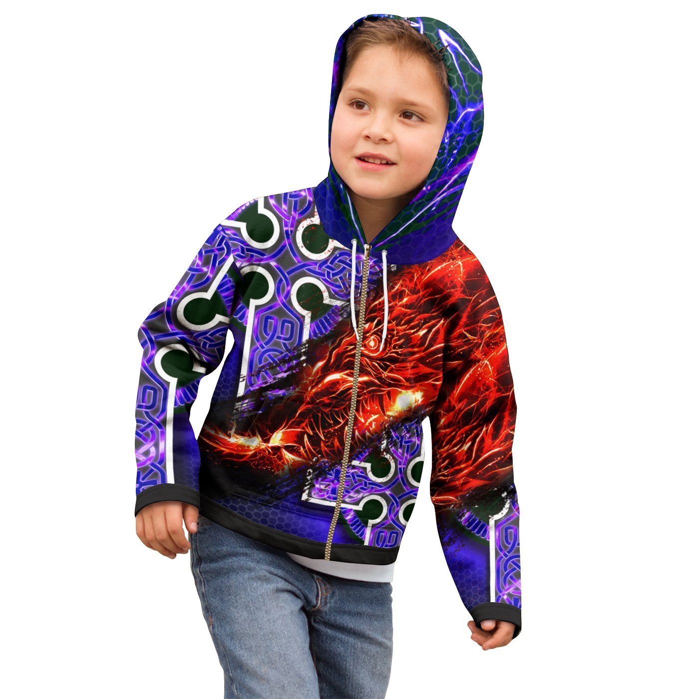 Celtic Zip Hoodie Kid - Fire Dragon And Water Cross Style - Vibe Hoodie Shop