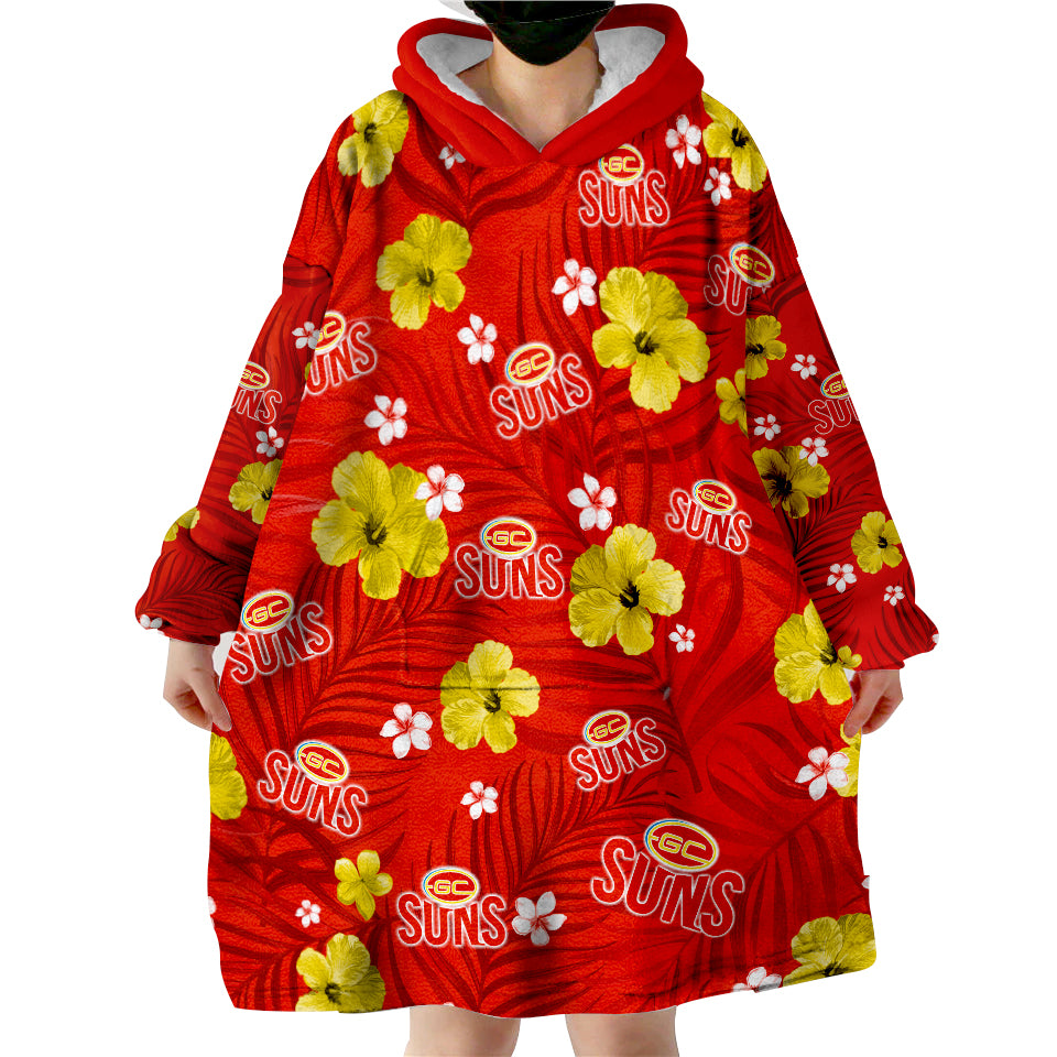 (Custom Personalised) Suns Football Gold Coast Premiers Tropical Flowers Simple Wearable Blanket Hoodie - Vibe Hoodie Shop
