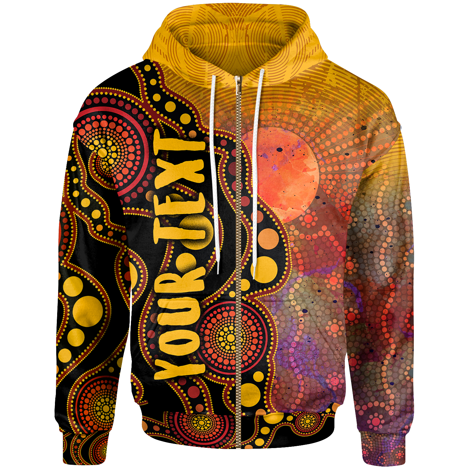 Custom Text Aboriginal Zip - Up Hoodie - Australia Indigenous Flag Circle Dot Painting Art (Golden) - Vibe Hoodie Shop