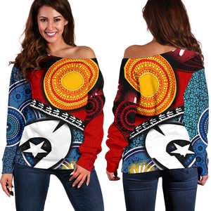 Off Shoulder Sweater - Australian NAIDOC Aboriginal and Torres Strait Islands Flags - Vibe Hoodie Shop