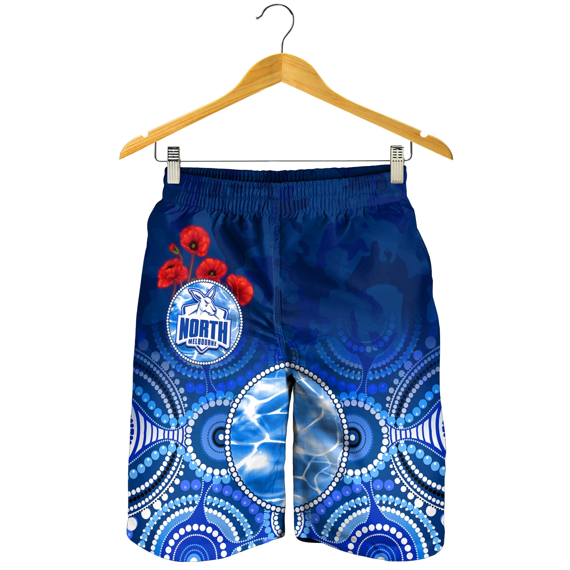 Kangaroos ANZAC 2022 Men Shorts North Melbourne Football Aboriginal Poppy Flowers - Vibe Hoodie Shop