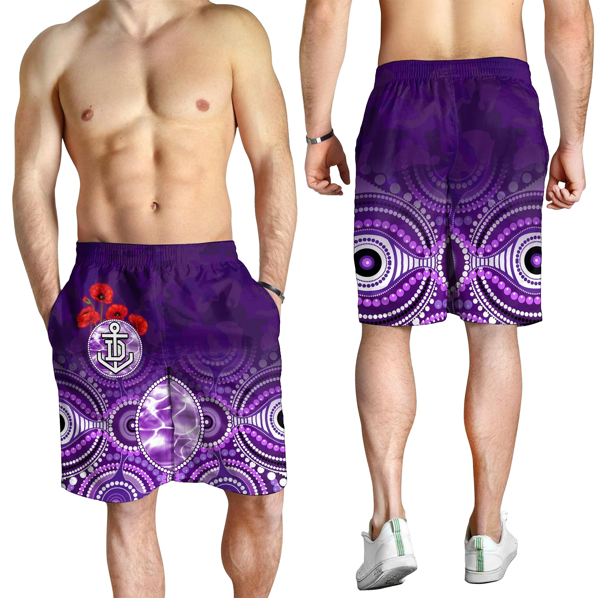 Dockers ANZAC 2022 Men Shorts Fremantle Football Aboriginal Poppy Flowers - Vibe Hoodie Shop