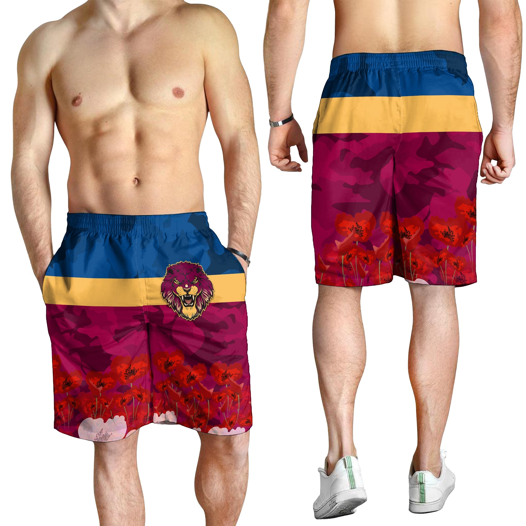 Lions ANZAC 2022 Men Shorts Brisbane Brissie Poppy Flowers - Vibe Hoodie Shop