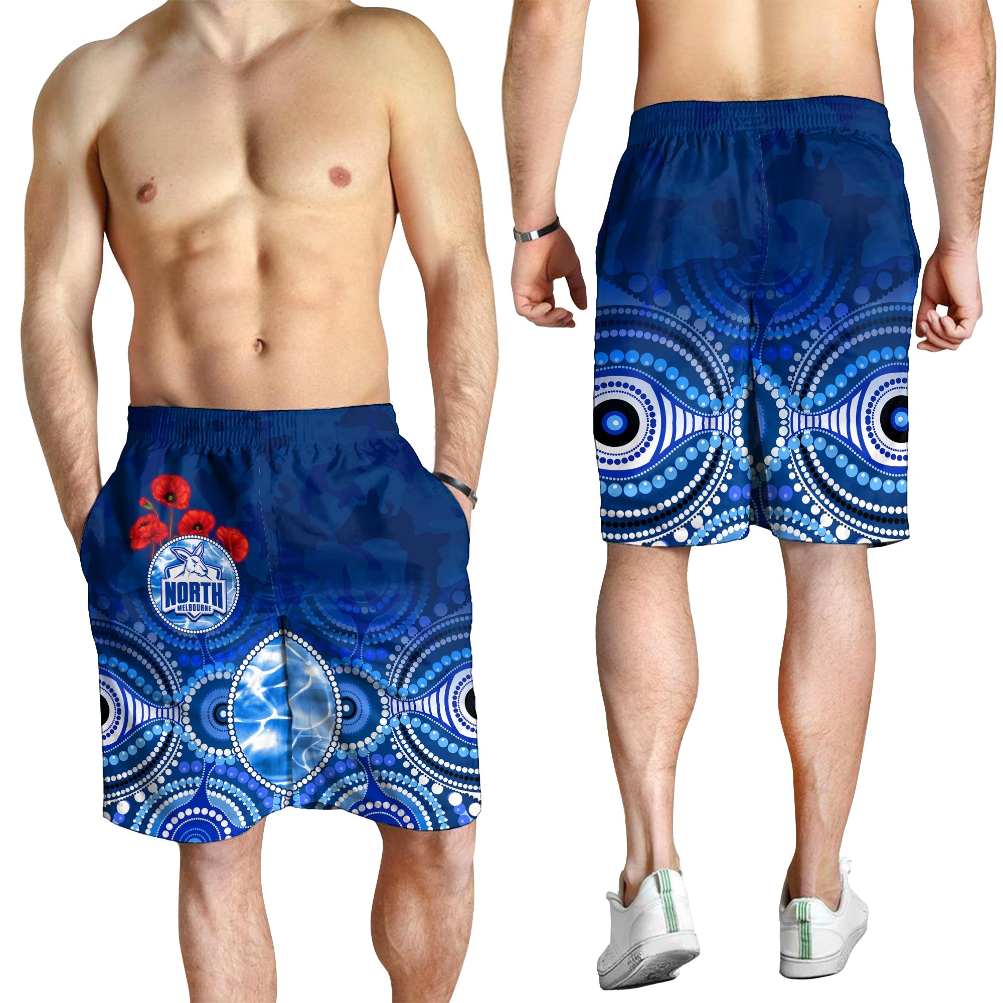 Kangaroos ANZAC 2022 Men Shorts North Melbourne Football Aboriginal Poppy Flowers - Vibe Hoodie Shop