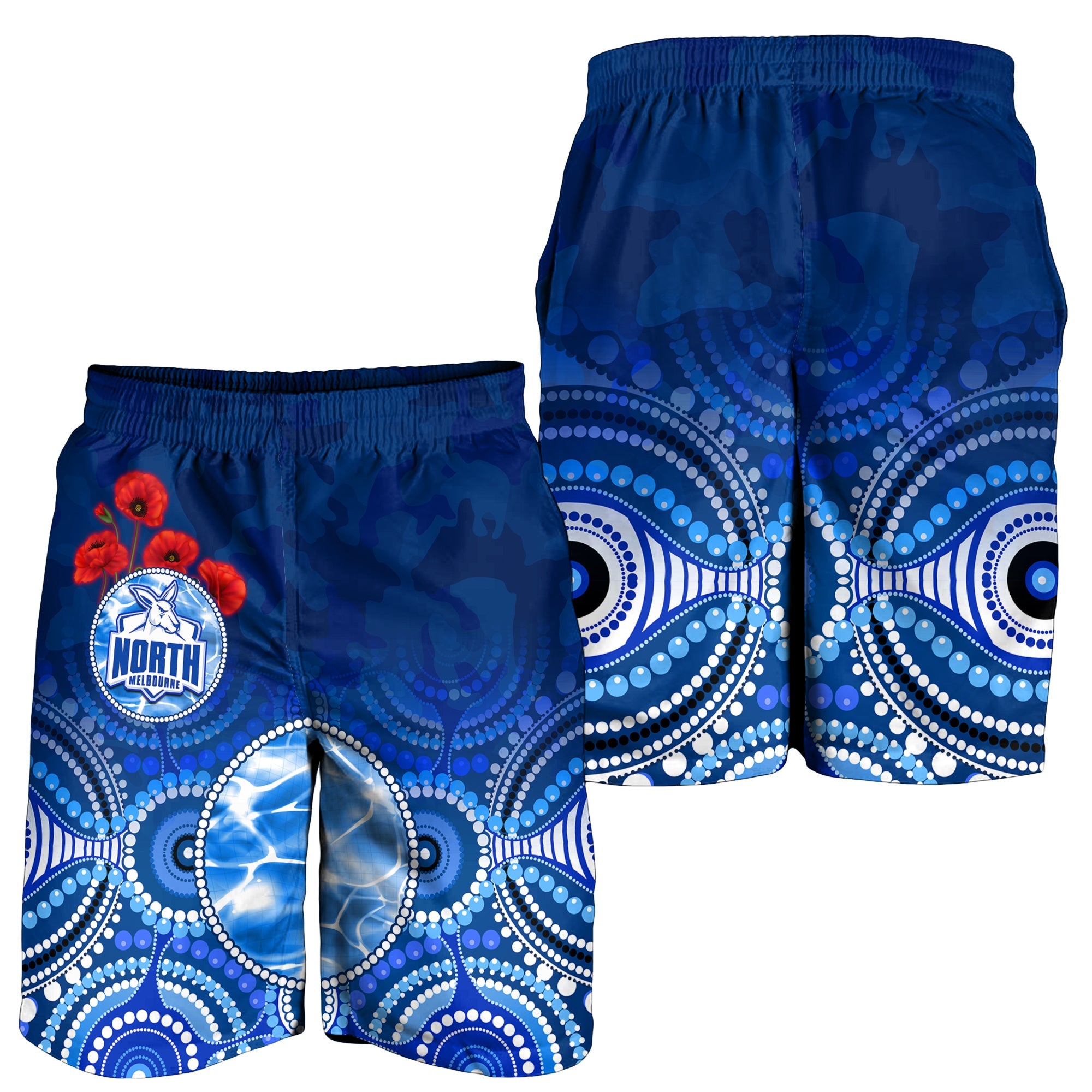 Kangaroos ANZAC 2022 Men Shorts North Melbourne Football Aboriginal Poppy Flowers - Vibe Hoodie Shop