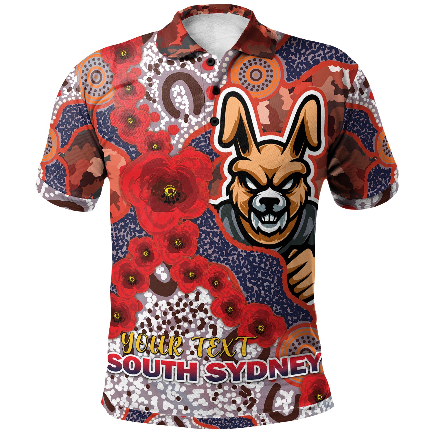 Australia South Sydney Anzac Polo Shirt - Custom Souths with Aboriginal Inspired Poppy Flowers Polo Shirt - Vibe Hoodie Shop