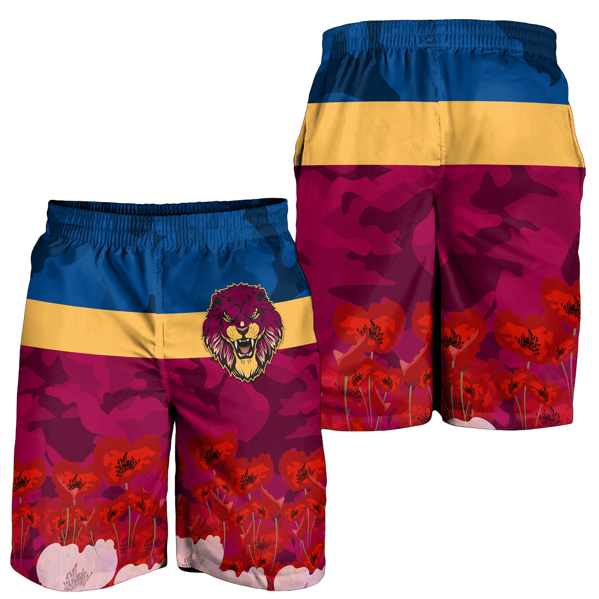 Lions ANZAC 2022 Men Shorts Brisbane Brissie Poppy Flowers - Vibe Hoodie Shop