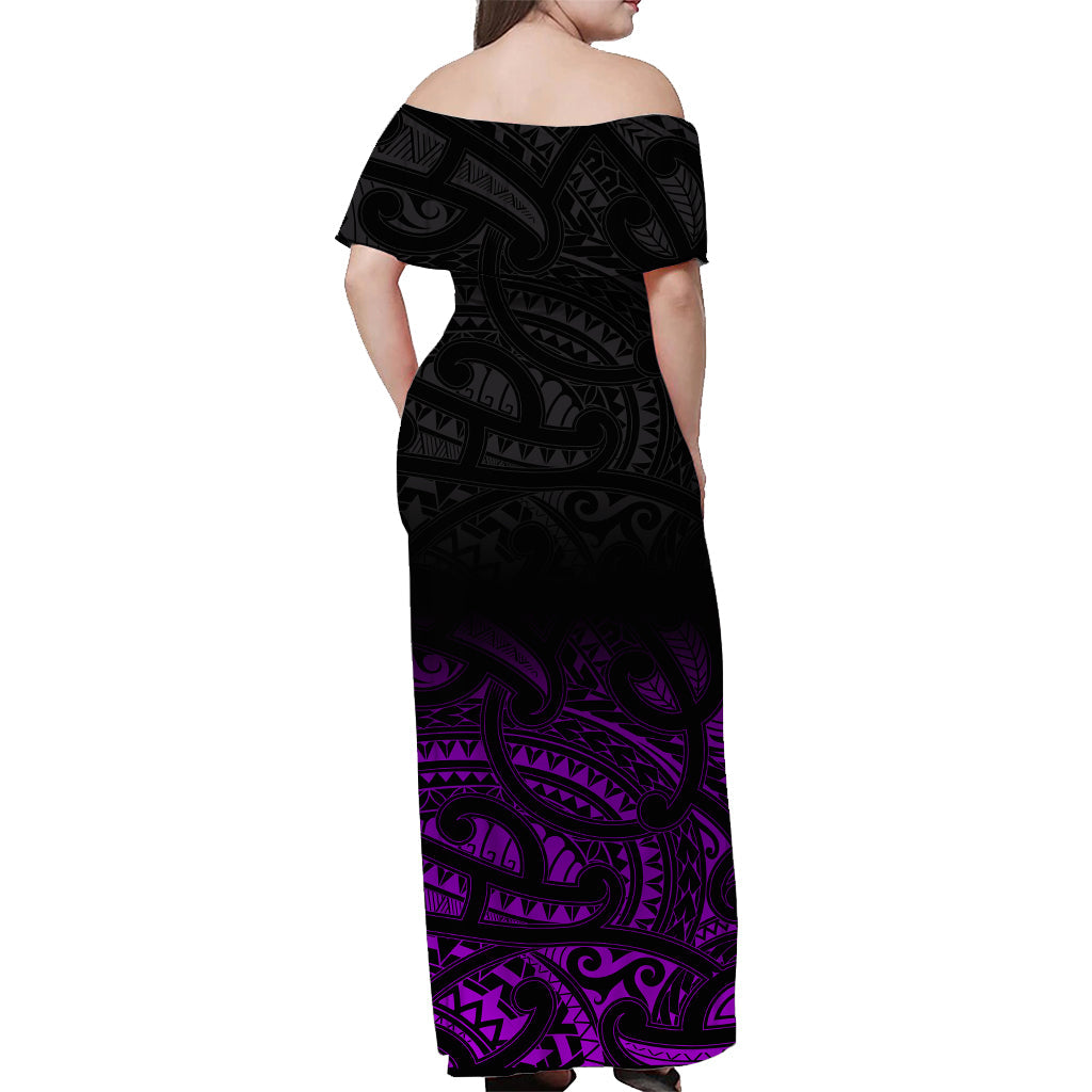 (Custom Personalised) New Zealand Off Shoulder Long Dress Maori Pattern Purple - Vibe Hoodie Shop