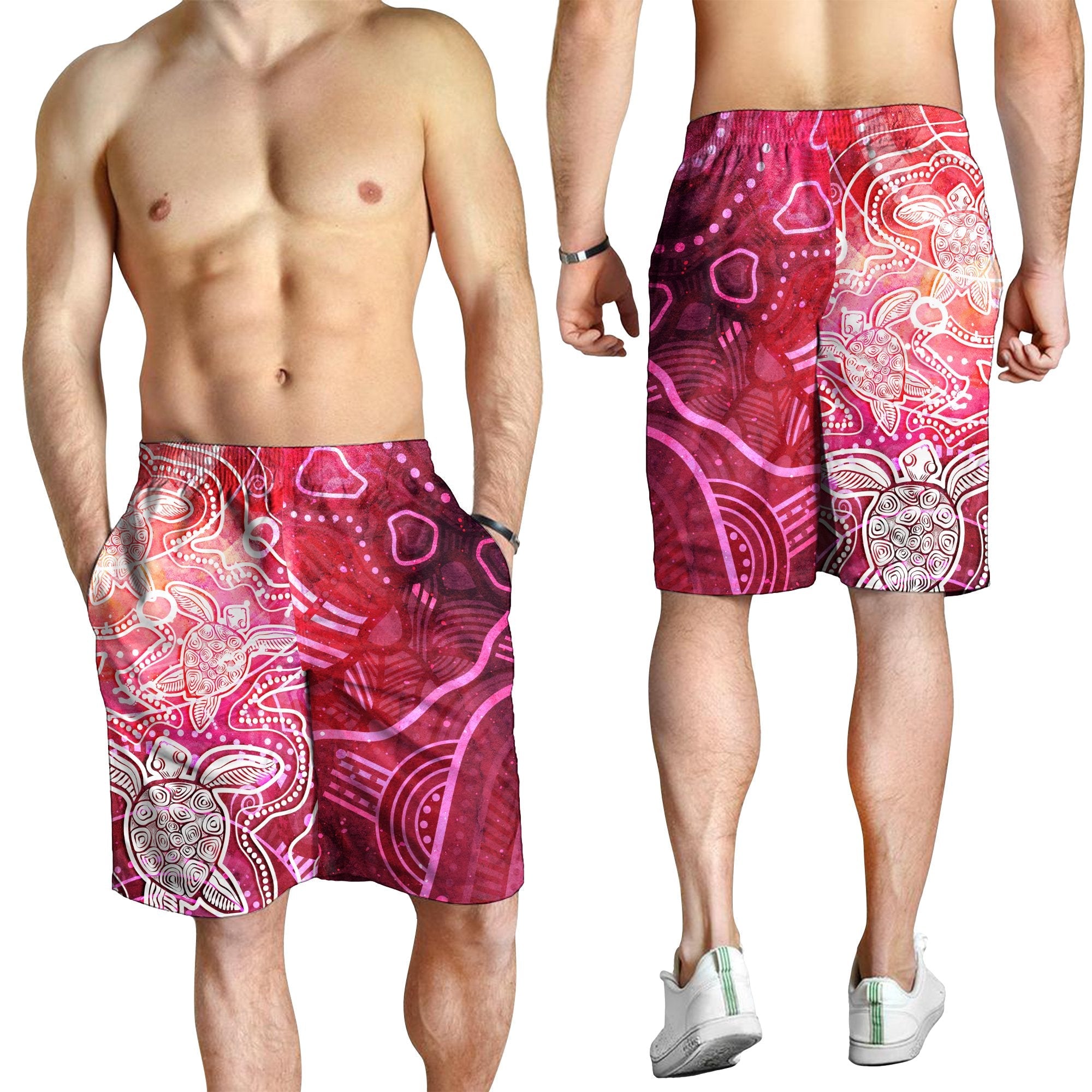 Aboriginal Men Short - Sea Turtle With Indigenous Patterns (Pink) - Vibe Hoodie Shop